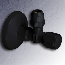Eckventil 1/2 Zoll x 3/8 - 10 mm tief-schwarz selbstdichtend mit Schubrosette schwarz 01345-SW