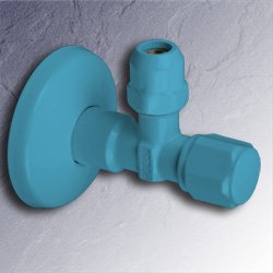 Eckventil 1/2 Zoll x 3/8 - 10 mm pastell-blau selbstdichtend mit Schubrosette  01345-RAL R5024