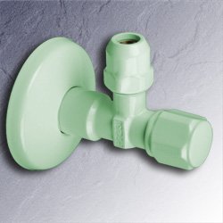 Eckventil 1/2 Zoll x 3/8 - 10 mm wei�-gr�n selbstdichtend mit Schubrosette  01345-GB RAL 6019
