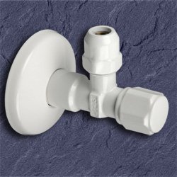 Eckventil 1/2 Zoll x 3/8 - 10 mm weiss selbstdichtend mit Schubrosette 01345-WE RAL 9010 reinweiss